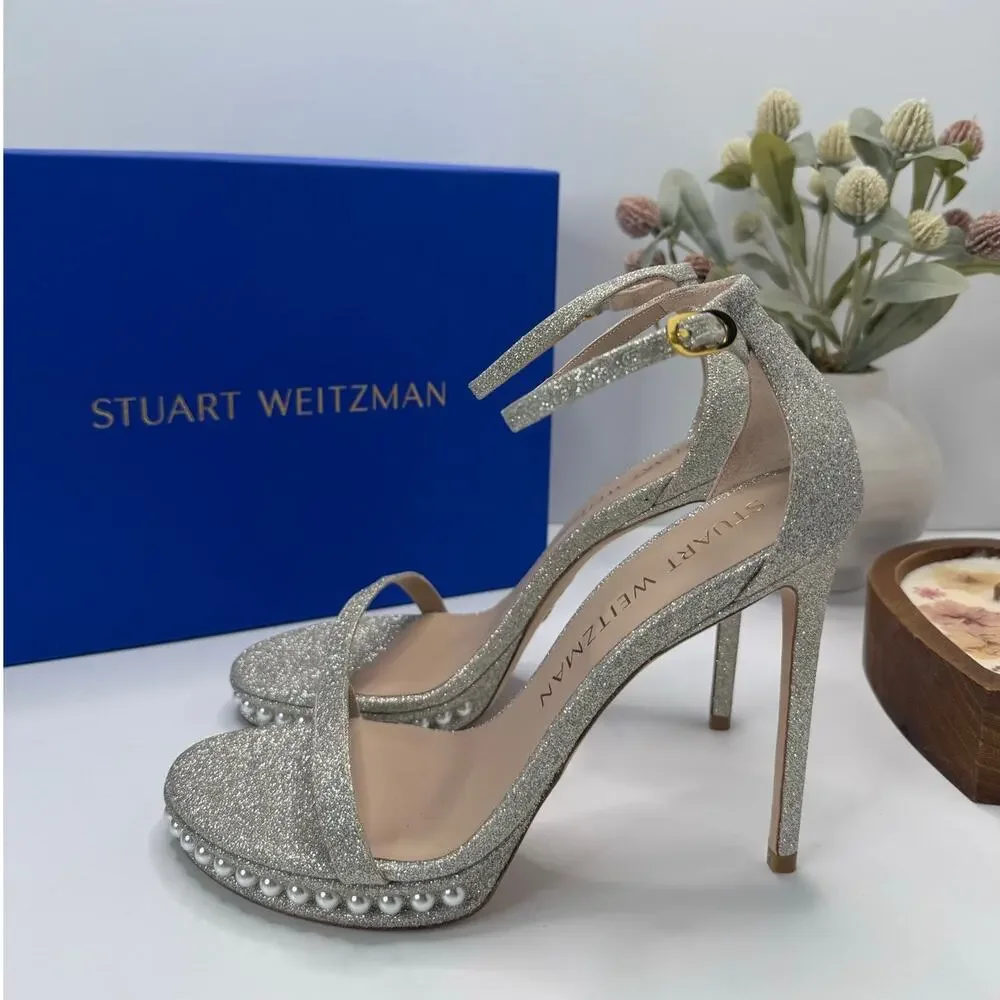Stuart Weitzman Nudistdisco Pearl Sandal Fine Glitter Silver Women 9.5B